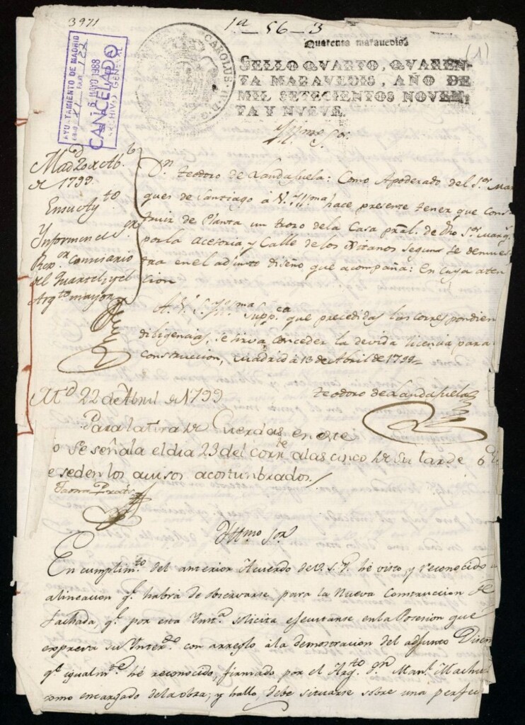 Miniatura de Licencia a Sr. Marqués de Santiago para la construcción de la fachada de la casa en la calle de Gitanos nº 9 antiguo, manzana 268