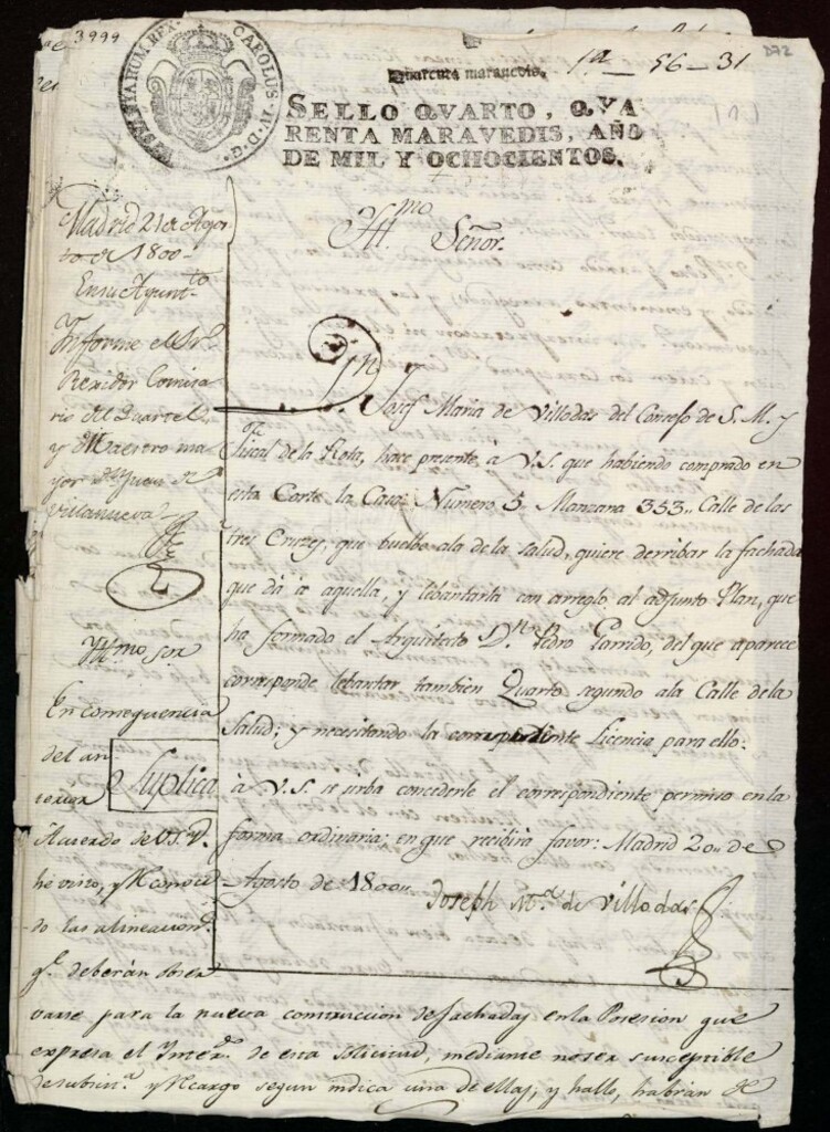 Miniatura de Licencia a Don José María de Villodas para reedificar la fachada de la casa en la calle de las Tres Cruces nº 5 antiguo, manzana 353