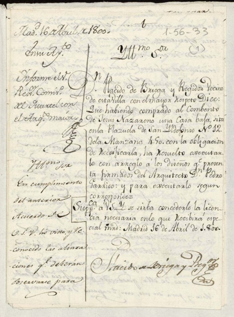 Miniatura de Licencia a Don Plácido de Briega y Regidor para reedificar una casa en la plazuela de San Idelfonso nº 12 antiguo, manzana 490