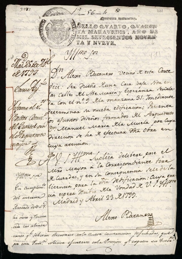 Miniatura de Licencia a Don Alejo Batanero para la construcción de una casa en la calle del Ave María y Esperanza nº 9 antiguo, manzana 31