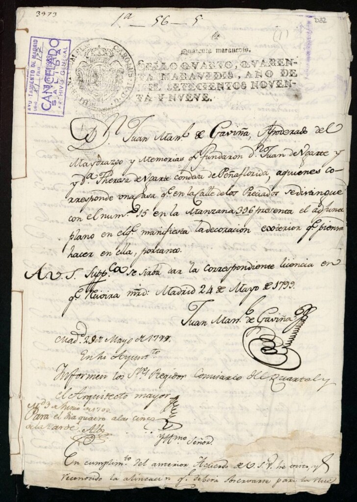 Miniatura de Licencia a Don Juan Manuel de Gaviño para la construcción de la fachada de la casa de la calle de Preciados nº 15 antiguo, manzana396