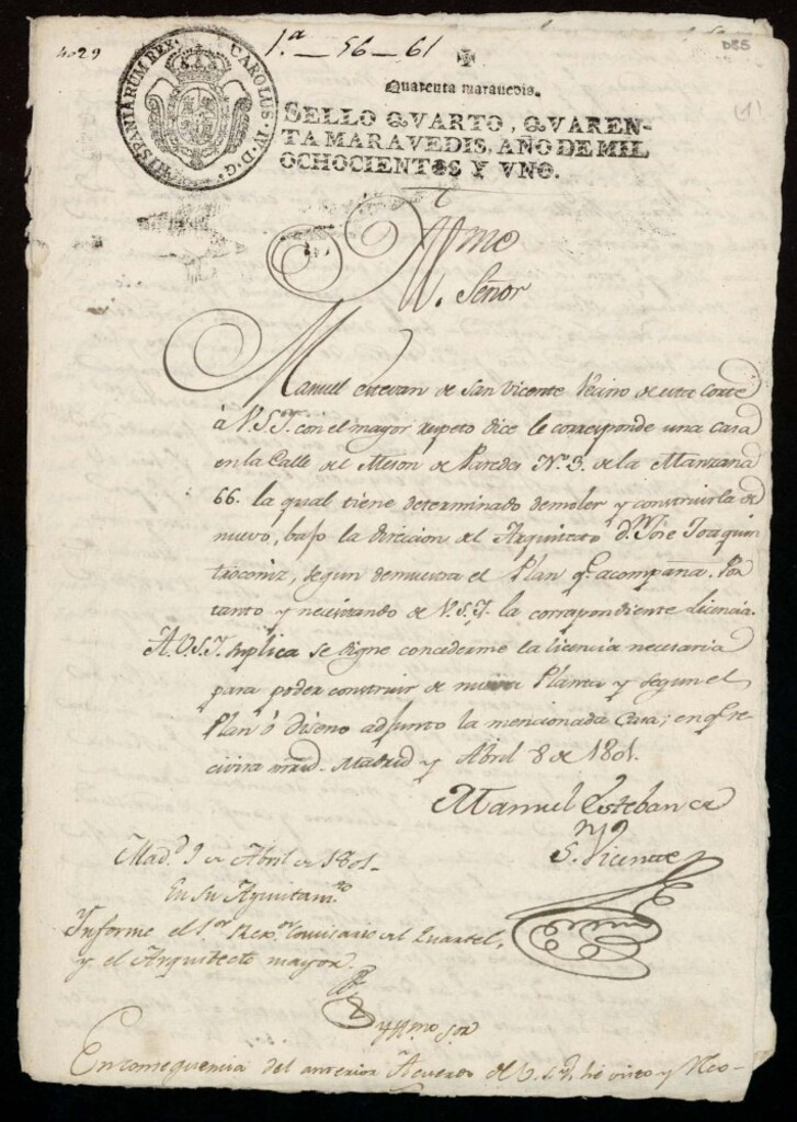 Miniatura de Licencia a Don Manuel Esteban de San Vicente para reedificar una casa en la calle Mesón de Paredes nº 3 antiguo, manzana 66
