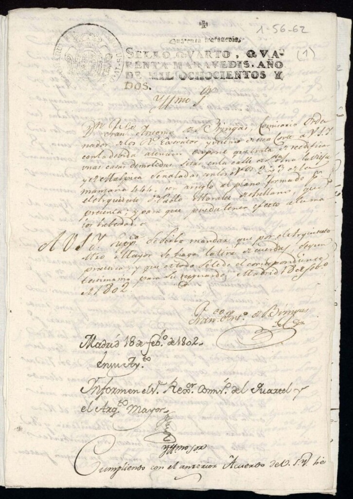 Miniatura de Licencia a Don Francisco Antonio de Bringas para reedificar unas casas en la calle de Santa Ana la Vieja y Malpica ( hoy plazuela de la Armería) nº 2 y 3 antiguo, manzana 444