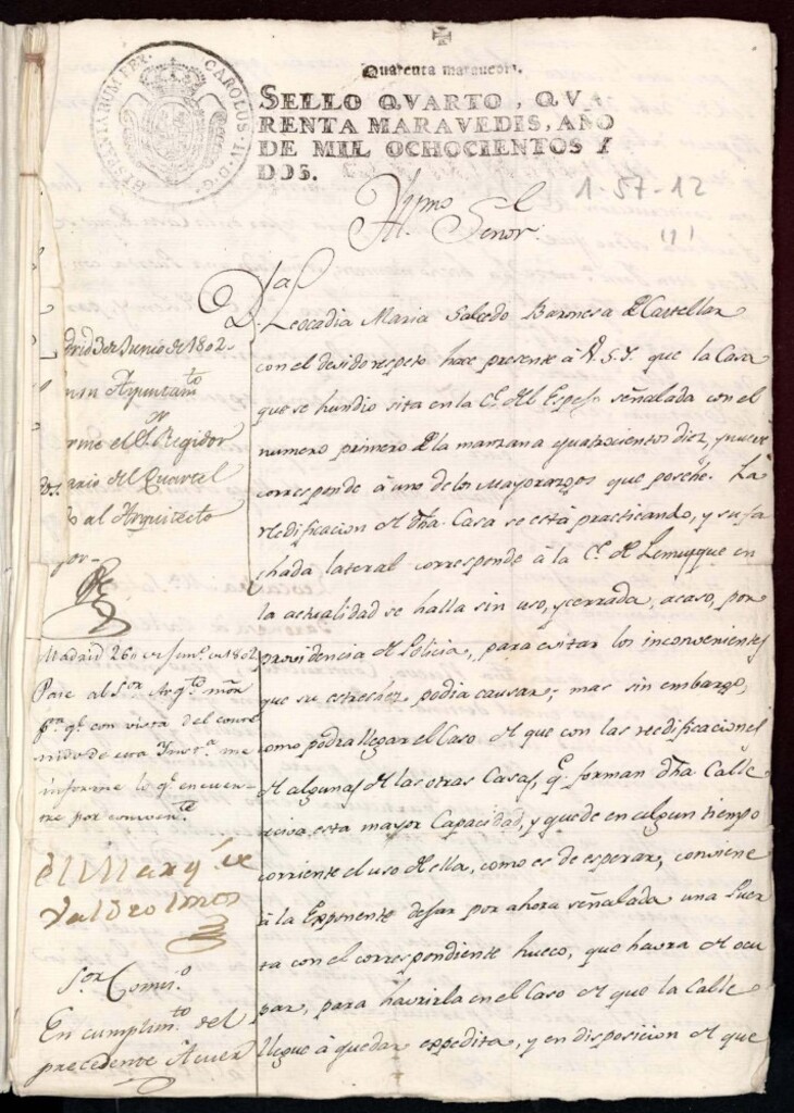 Miniatura de Licencia a la Sra Baronesa de Castelar para abrir y poner corriente y expédita en beneficio del público la callejuela que llaman de Lemus inmediata a la parroquia de Santiago