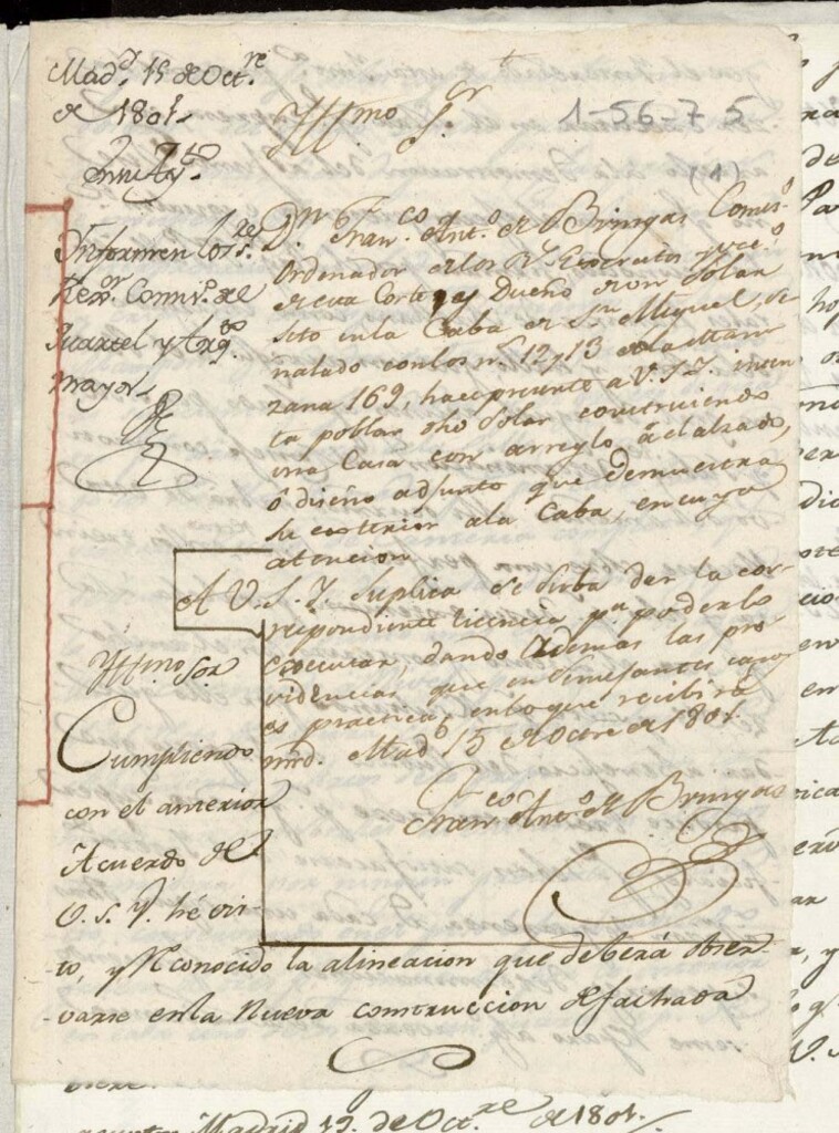 Miniatura de Licencia a Don Francisco Antonio de Bringas para construir una casa en la Cava de San Miguel nº 12 y 13 antiguos, manzana 169