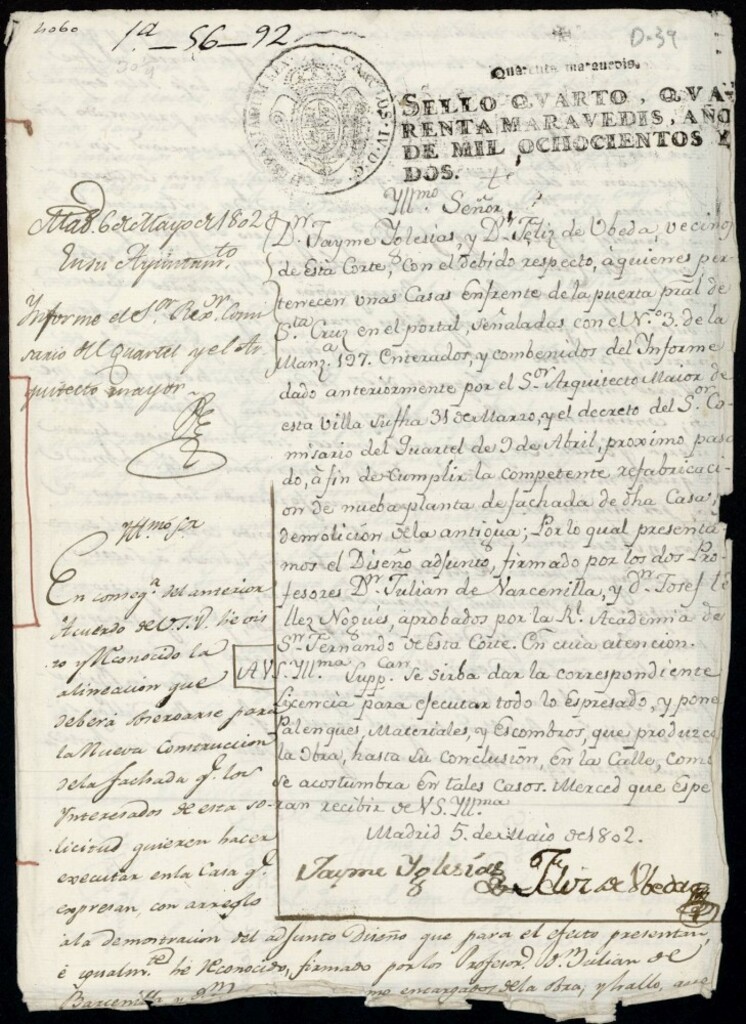 Miniatura de Licencia a Don Jaime Iglesias y Don Félix de Úbeda para reedificar la fachada de la casa frente a Santa Cruz portal nº 3 de la manzana 197