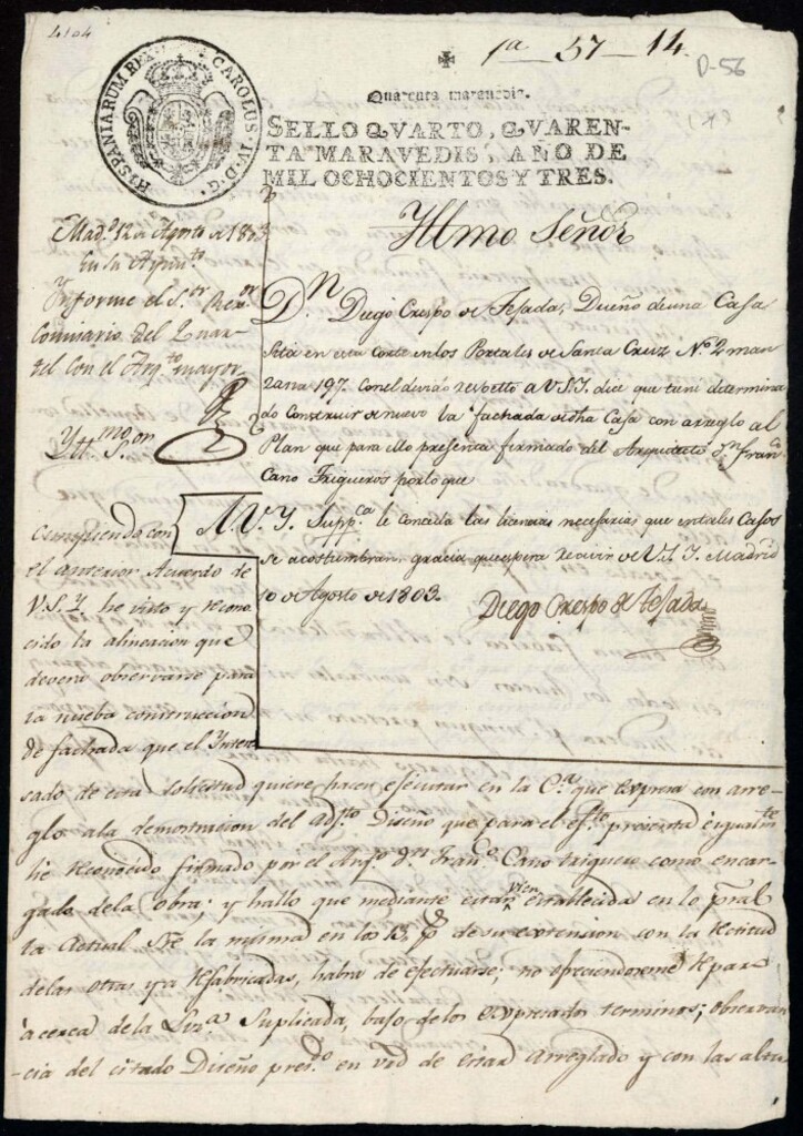 Miniatura de Licencia a Don Diego Crespo de Tejada para construir la fachada de la casa Portales de Santa Cruz nº 2 antiguo, manzana 197 (hoy plazuela de este nombre)