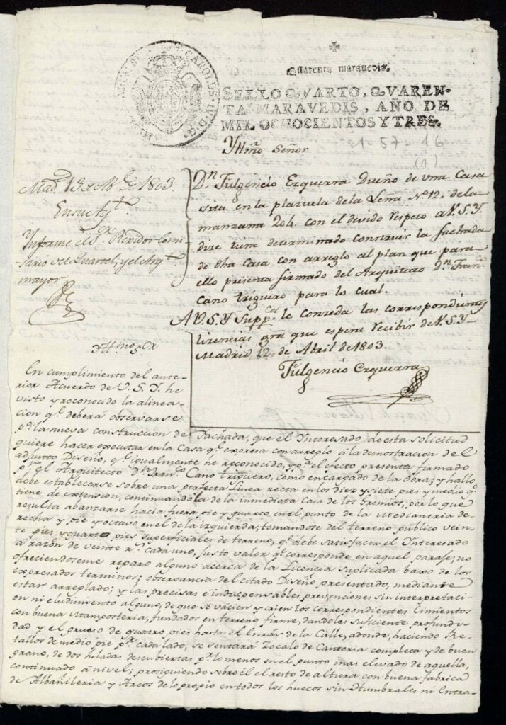 Miniatura de Licencia a Don Fulgencio Ezquerra para reedificar la fachada de la casa en la plazuela de la Leña nº 12 antiguo, manzana 204