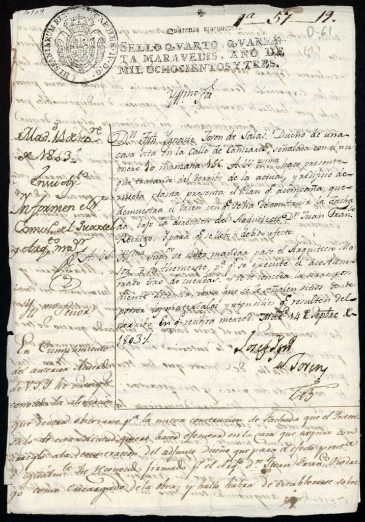 Miniatura de Licencia a Don José Ignacio Joven de Salas para reedificar una casa en la calle de Cañizares nº 10 manzana 156
