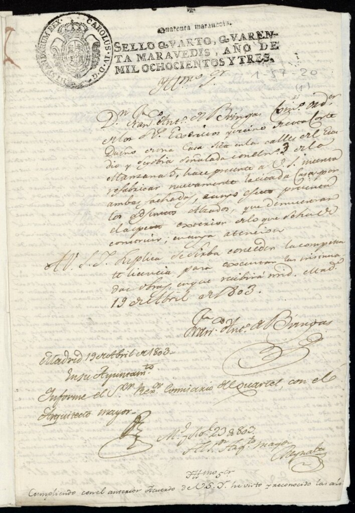 Miniatura de Licencia a Don Francisco Antonio de Bringas para reedificar la fachada de la casa en la calle de los Mancebos, antes del Estudio Vieja y Segovia nº 3 antiguo, manzana 5