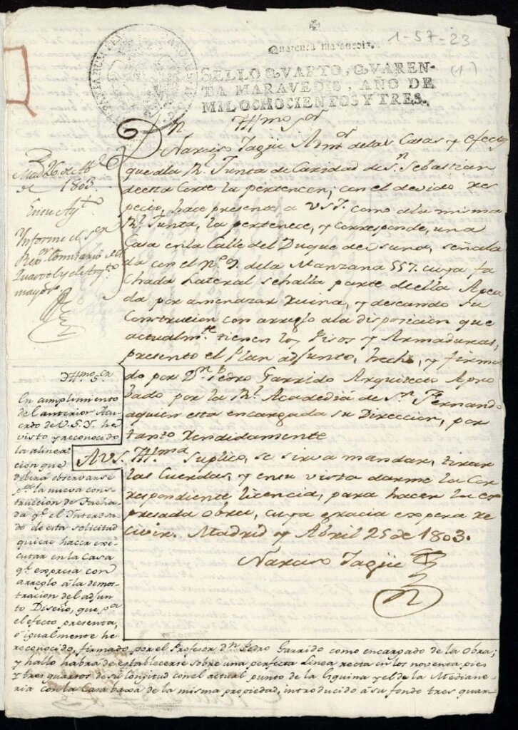 Miniatura de Licencia a Don Narciso Yagüe para reedificar la fachada de una casa en la calle del Duque de Osuna nº 9 antiguo, manzana 557. Por la Junta de Caridad de San Sebastián