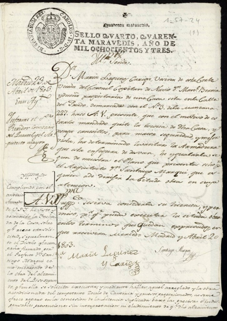 Miniatura de Licencia a Doña María Lagunéz y Cariga para hacer varias obras en la fachada de la casa de la calle del Prado nº 3 antiguo, manzana 227