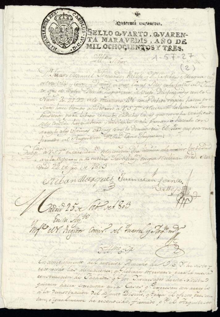 Miniatura de Licencia a Don Juan Manuel Fernández Vallejo y Don Esteban Marqués para reedificar las fachadas de unas casas en la calle de San Jacinto nº 20, 21 y 22 manzana 196