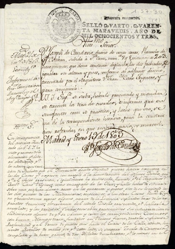 Miniatura de Licencia Don José Candano para reedificar la fachada de las casas de la plazuela de San Esteban subida a la de Santa Cruz nº 7 y 8 antiguo, manzana 203