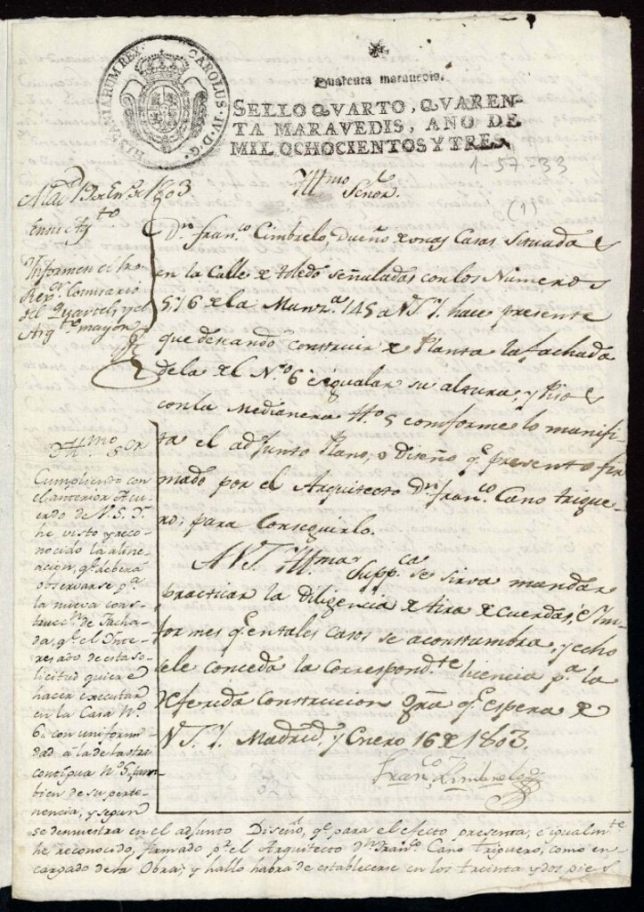 Miniatura de Licencia a Don Francisco Cimbrelo para reedificar la fachada de las casas de la calle de Toledo nº 5 y 6 antiguo,manzana 145