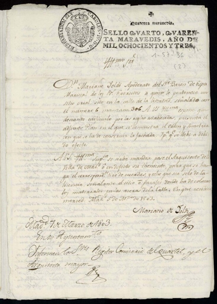 Miniatura de Licencia a Don Mariano Soldi por el Sr. Barón de Espes para construir una casa en la calle de la Libertad nº 6 antiguo, manzana 306