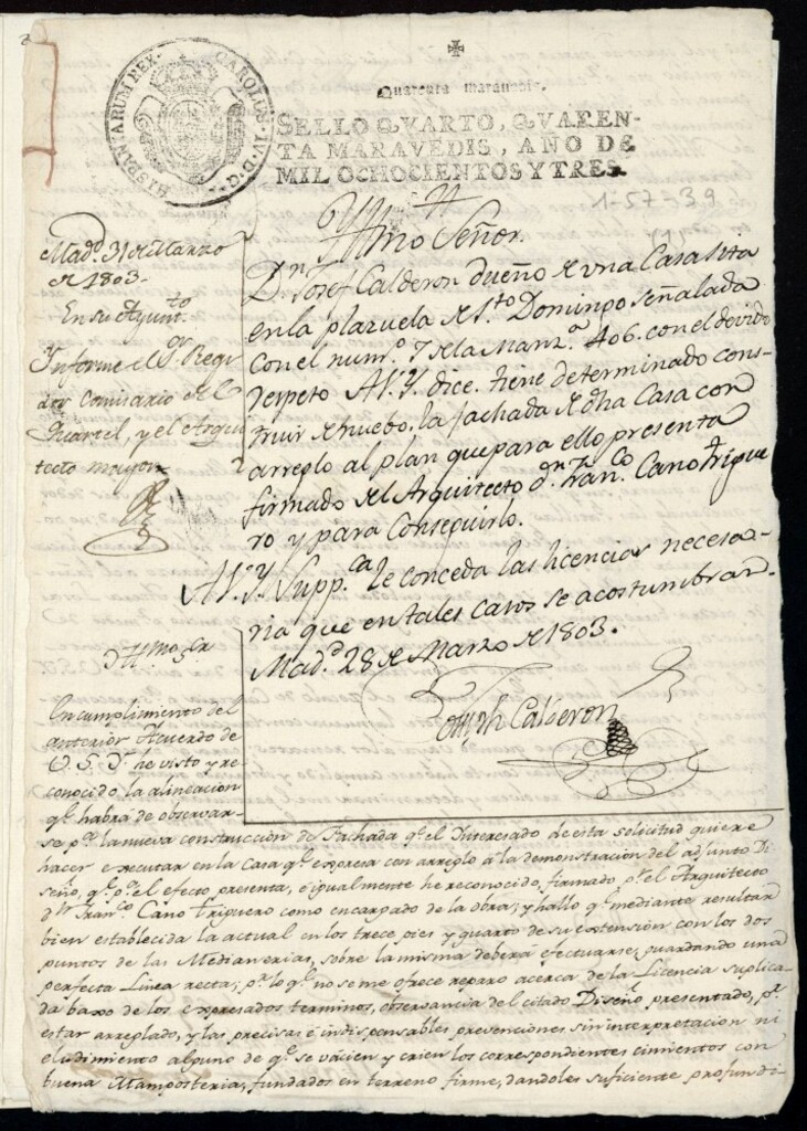 Miniatura de Licencia a Don José Calderón para reedificar la fachada de la casa en la plazuela de Santo Domingo nº 7 antiguo, manzana 406