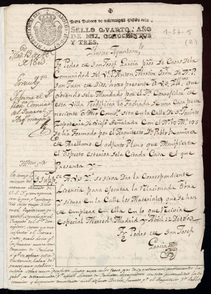 Miniatura de Licencia a Don Francisco Pedro de San José García por la comunidad de San Juan de Dios para reedificar la fachada de la casa en la calle de San Jacinto nº 19 antiguo, manzana 196
