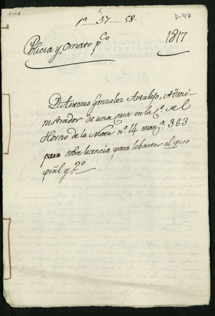 Miniatura de Licencia a Don Antonio González Artalejo para levantar el piso principal y 2º de la casa en la calle del Horno de la Mata nº 14 manzana 363 [sic]