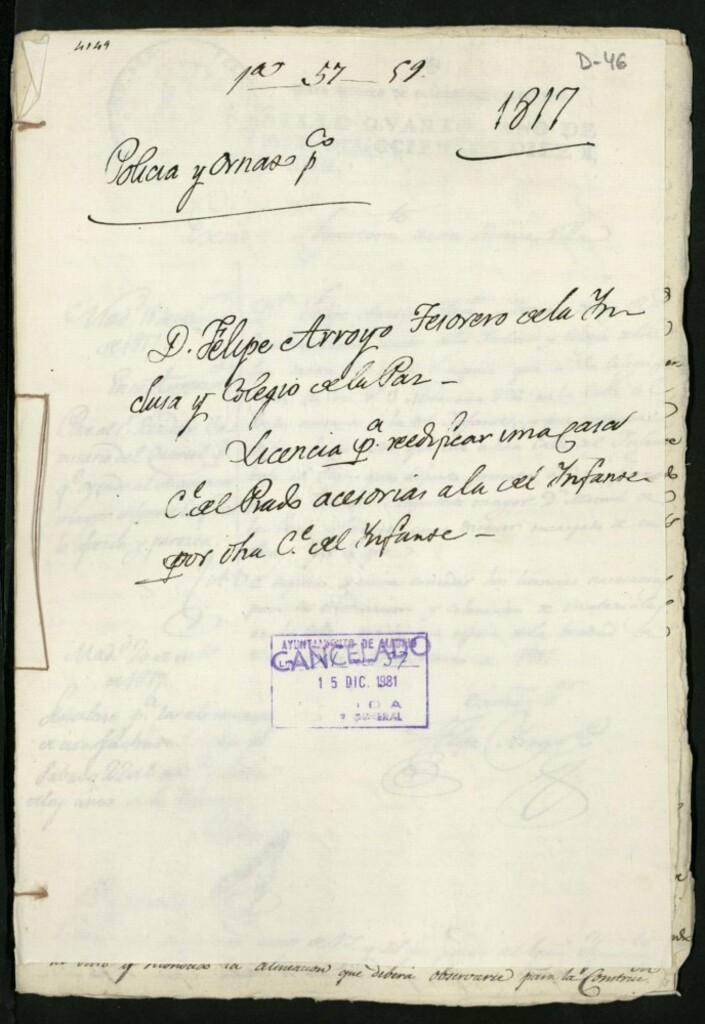 Miniatura de Licencia a Don Felipe Arroyo por el colegio de la Paz para la construcción de la fachada de la casa en la calle del Prado nº 3 manzana 226
