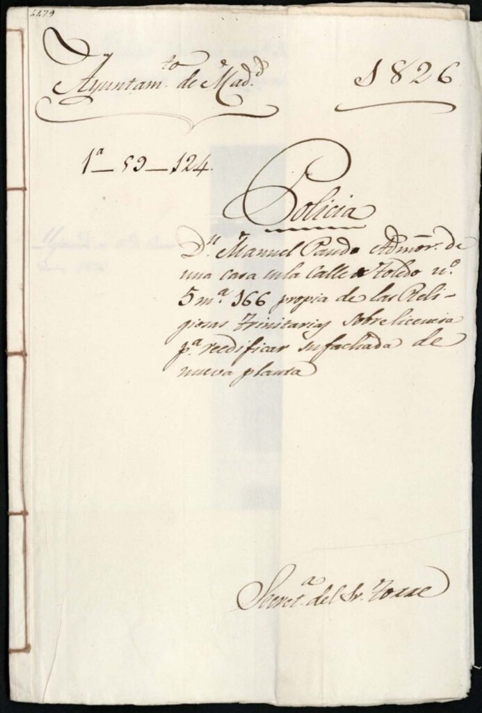 Miniatura de Don Manuel Pando Amor, de una casa en la calle de Toledo, 5, manzana 166, propia de las religiosas Trinitarias sobre licencia para reedificar su fachada de nueva planta.