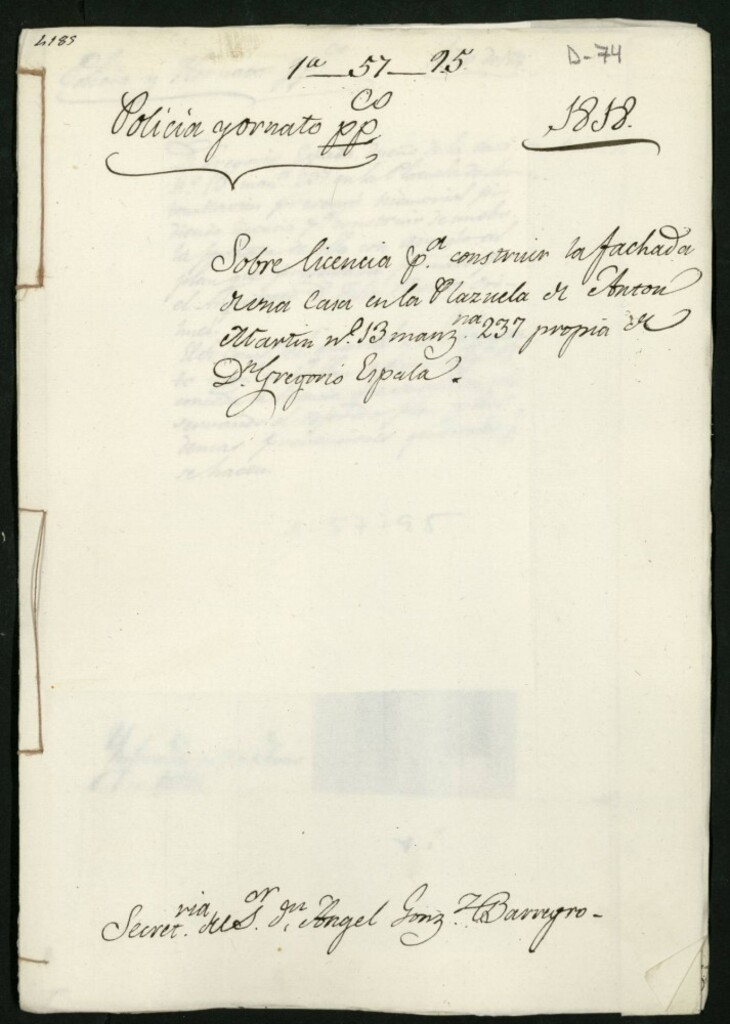 Miniatura de Licencia a Don Gregorio Espala para la construcción de la fachada de la casa en la Plazuela de Antón Martín nº 13 manzana 237
