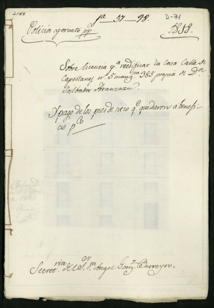 Miniatura de Licencia a Don Salvador Aranzazu para la construcción de la casa en la calle de Capellanes nº 5 manzana 385