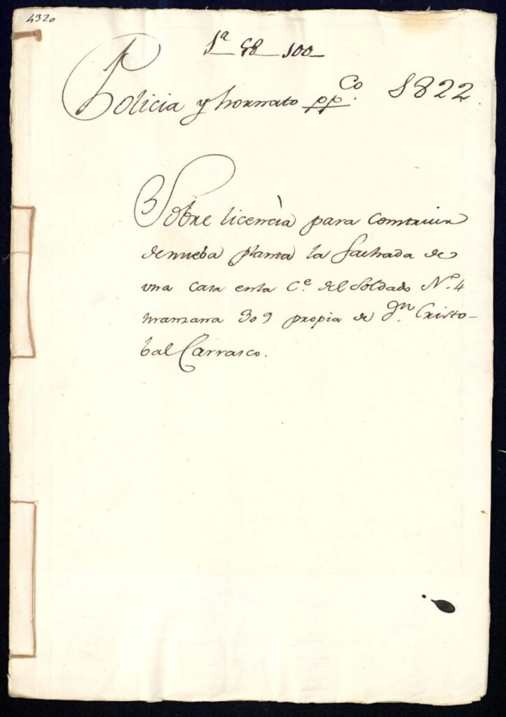 Miniatura de Licencia para construir de nueva planta la fachada de una casa en la calle del Soldado, nº 4, manzana 309, propia de don Cristóbal Carrasco.