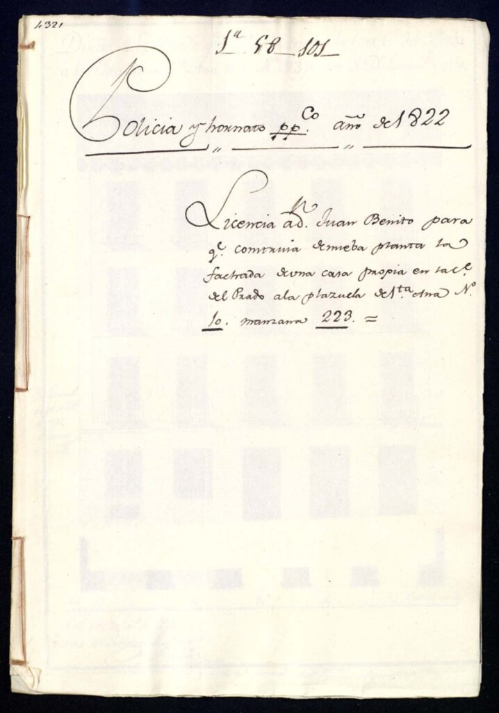 Miniatura de Licencia a don Juan Benito para que contruya de nueva planta la fachada de una casa propia en la calle del Prado a la Plazuela de Santa Ana, nº 10, manzana 223.