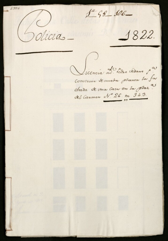 Miniatura de Licencia a don Pedro Sedano para construir de nueva planta la fachada de una casa en la Plazuela del Carmen, nº 26, manzana 343.
