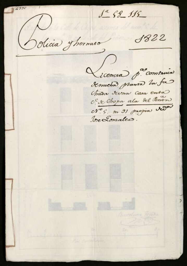 Miniatura de Licencia para construir de nueva planta la fachada de una casa en la calle de Chopa a la del Peñón, nº 5, manzana, 91, propia de don José González.