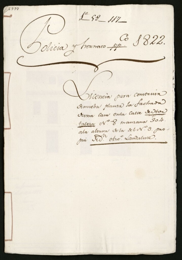 Miniatura de Licencia para construir de nueva planta la fachada de una casa en la calle de Hortaleza, nº 8, manzana 304 a la altura de la del nº 9 propia de Don Antonio Landaluce.