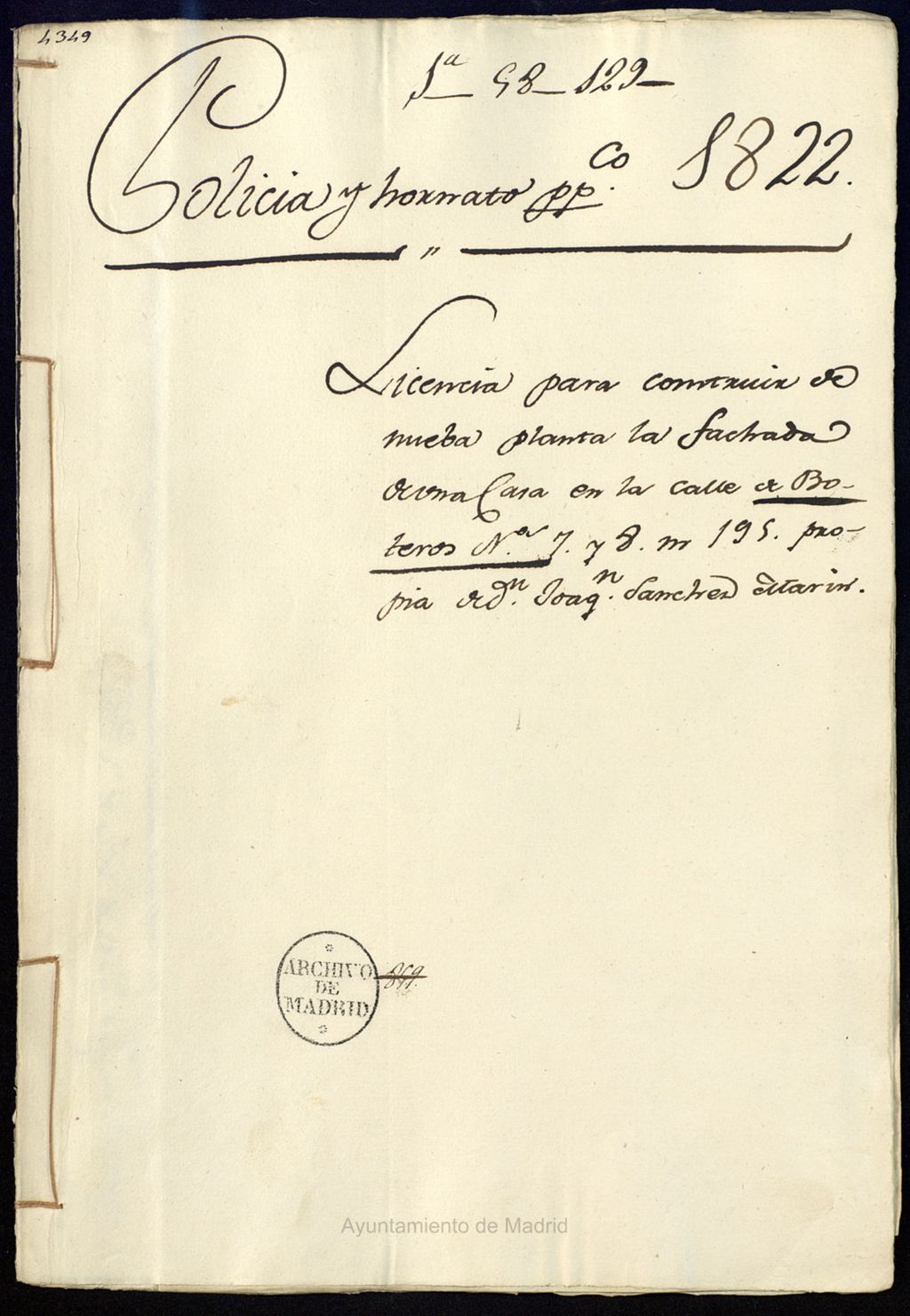 Miniatura de Licencia para construir de nueva planta la fachada de una casa en la calle de Boteros, 7 y 8, manzana 195, propia de don Joaquín Sánchez Marín