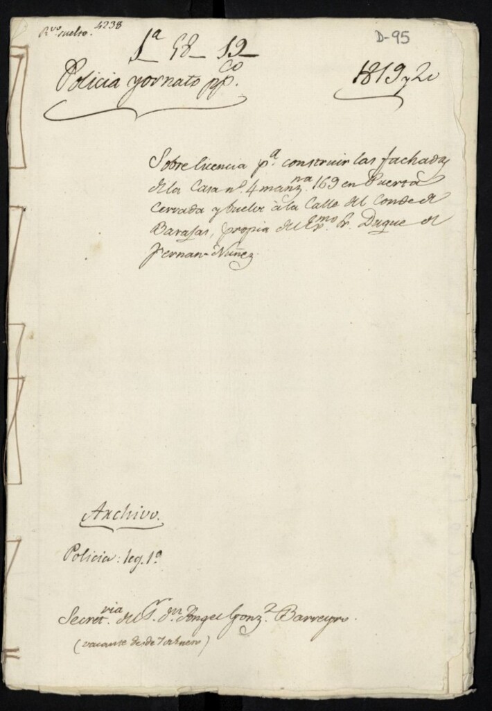 Miniatura de Licencia al Duque de Fernán Nuñez para la construcción de la fachada de la casa en la calle de Puerta Cerrada con vuelta a la del Conde de Barajas nº 4 manzana 169