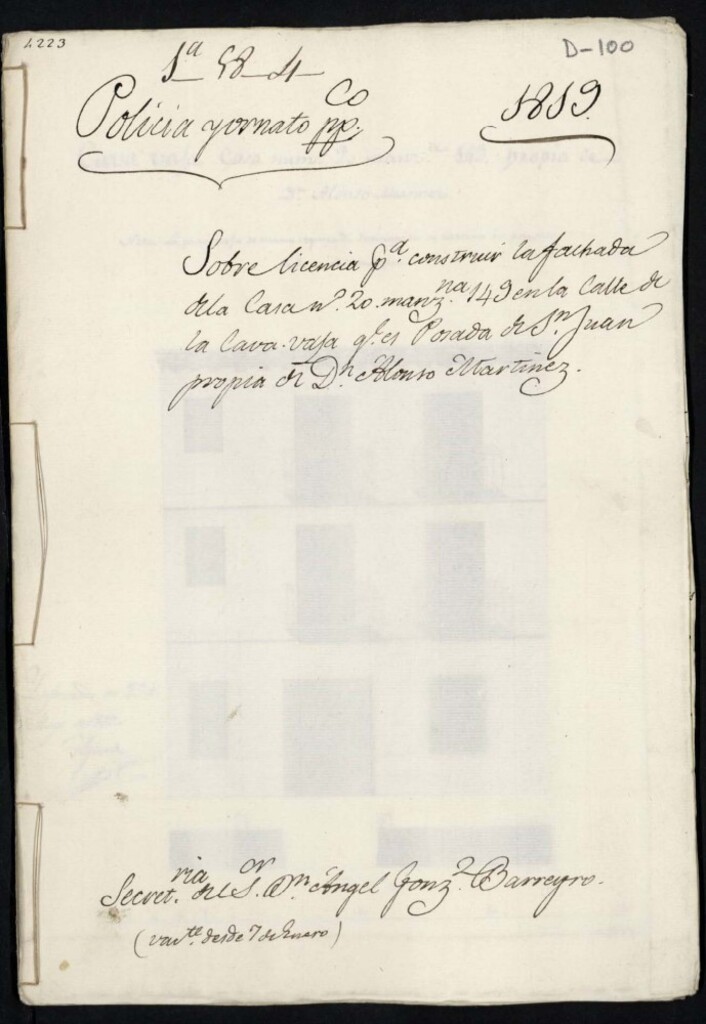 Miniatura de Licencia a Don Alonso Martínez para la construcción de la fachada de la casa en la calle dela Cava Baja n º 20 manzana 149