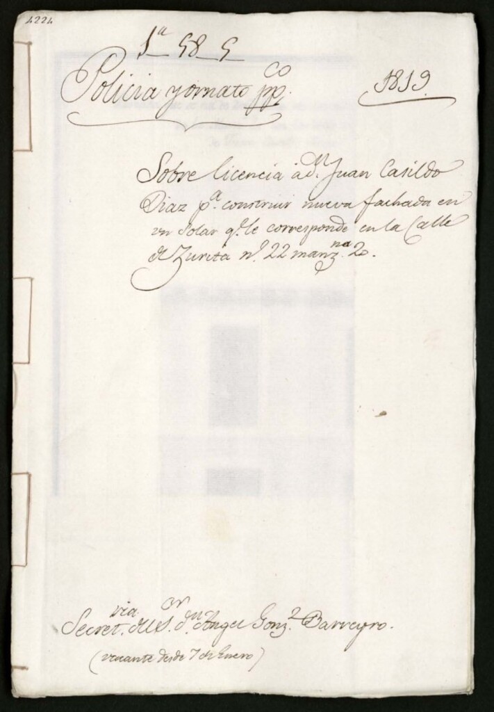 Miniatura de Licencia a don Juan Casildo Díaz para construir nueva fachada en un solar que le corresponde en la calle de Zurita, nº 22, manzana 20.