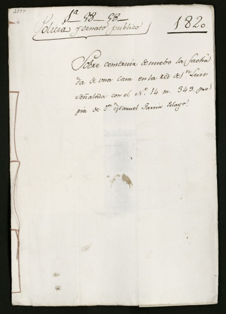 Miniatura de Licencia para construir de nuevo la fachada de una casa en la Red de San Luis, señalada con el nº 14, manzana 343, propia de don Manuel García Pelayo.