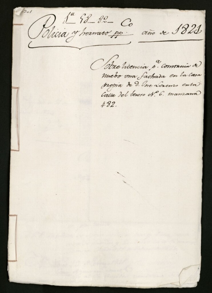 Miniatura de Licencia para construir de nuevo una fachada, en la casa propia de don José Lorenzo en la calle del Tesoro, nº 6, manzana 482.