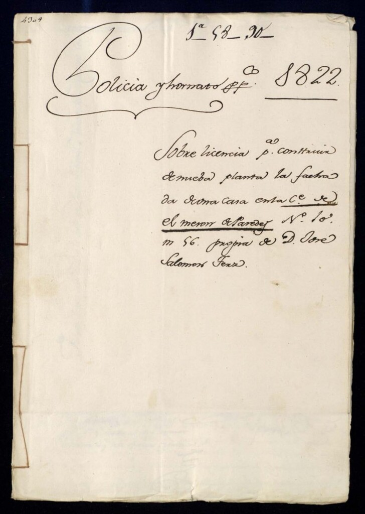 Miniatura de Licencia para construir de nueva planta la fachada de una casa en la calle de el Mesón de Paredes, nº 10, manzana 56, propia de don José Salomón Fernández.