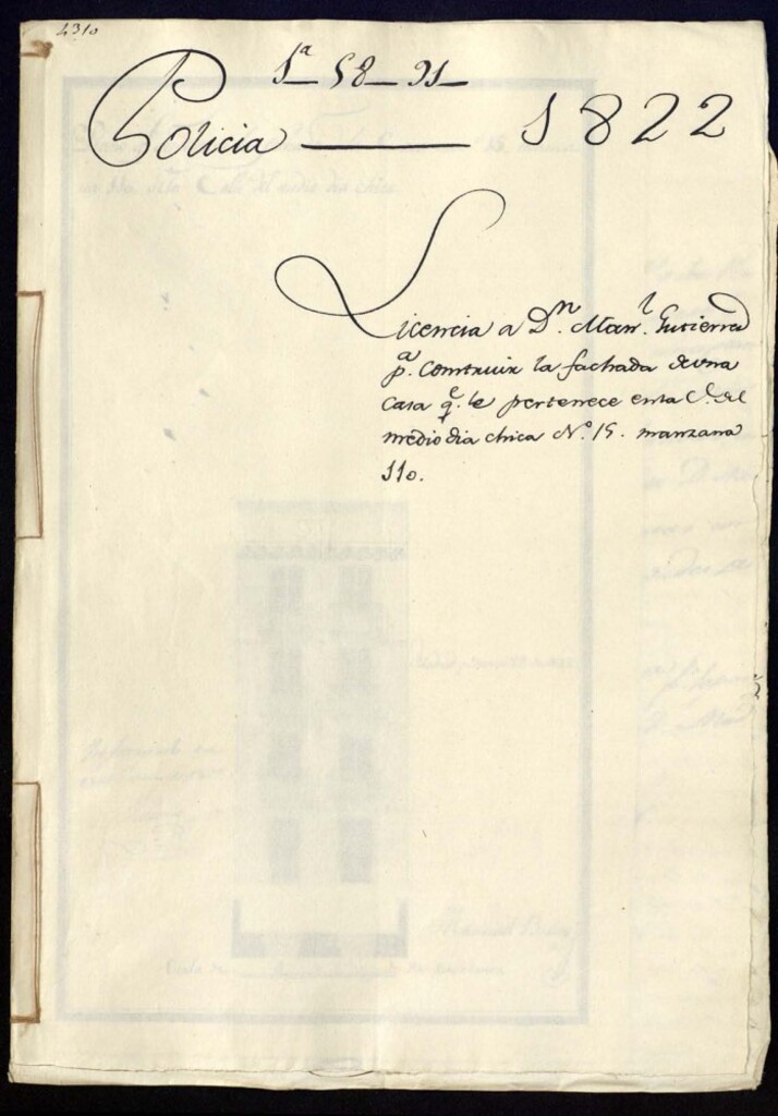Miniatura de Licencia a don Manuel Gutiérrez para construir la fachada de una casa que le pertenece en la calle del Mediodía Chica, nº 15, manzana 110.