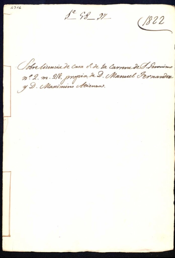 Miniatura de Licencia de casa de la calle de la Carrera de San Jerónimo, 2, manzana 218, propia de don Manuel Fernández y Don Maximino Atienza, para igualar en altura con las dos casas medianeras.