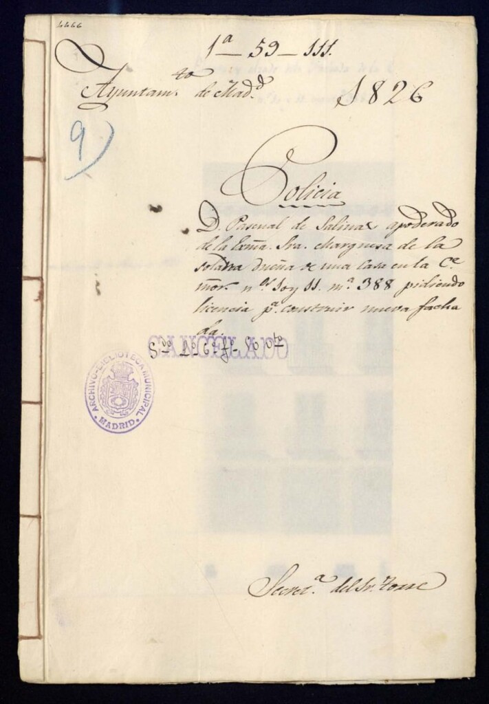 Miniatura de Don Pascual de Salinas, apoderado de la señora marquesa de la Solana, dueña de una casa en la calle Mayor, número 10 y 11, manzana 388 pidiendo licencia para construir nueva fachada.