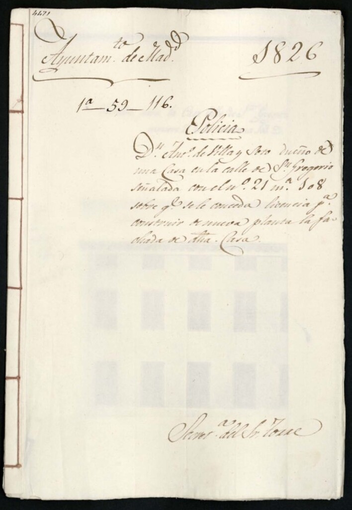 Miniatura de Don Antonio de Villa y Soto dueño de una casa en la calle de San Gregorio señalada con el número 21, manzana 108, sobre que se le conceda licencia para construir de nueva planta la fachada de dicha casa.