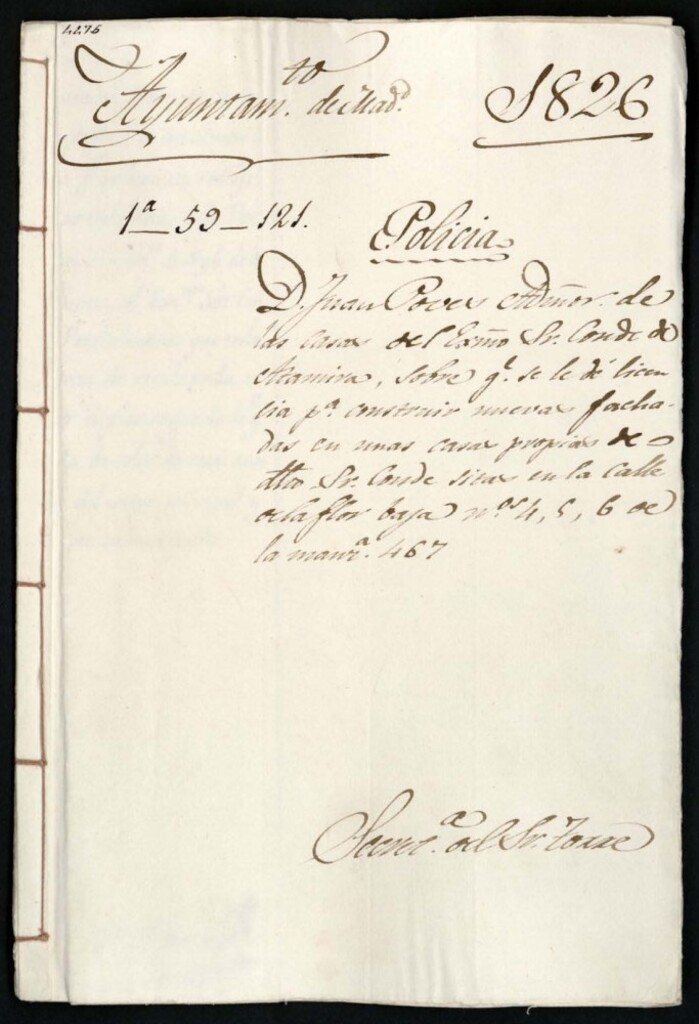 Miniatura de Don Juan Pover Amor, de la casa del conde de Altamira, sobre que se le de licencia para construir nuevas fachadas en unas casas propias del señor conde, sitas en la calle de la Flor Baja, nº 4, 5 y 6, de la manzana 467
