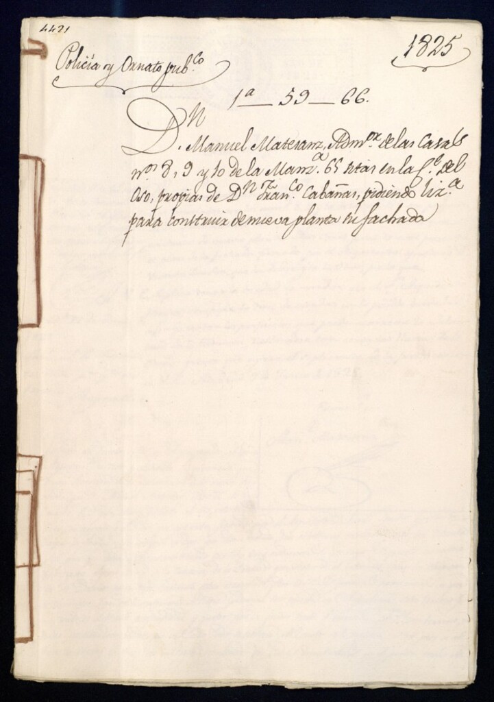 Miniatura de Don Manuel Matesanz, adminstrador de las casas nº 8 , 9 y 10 de la manzana 65 sitas en la calle del Oso, propias de don Francisco Cabañas, pidiendo licencia para construir de nueva planta su fachada.