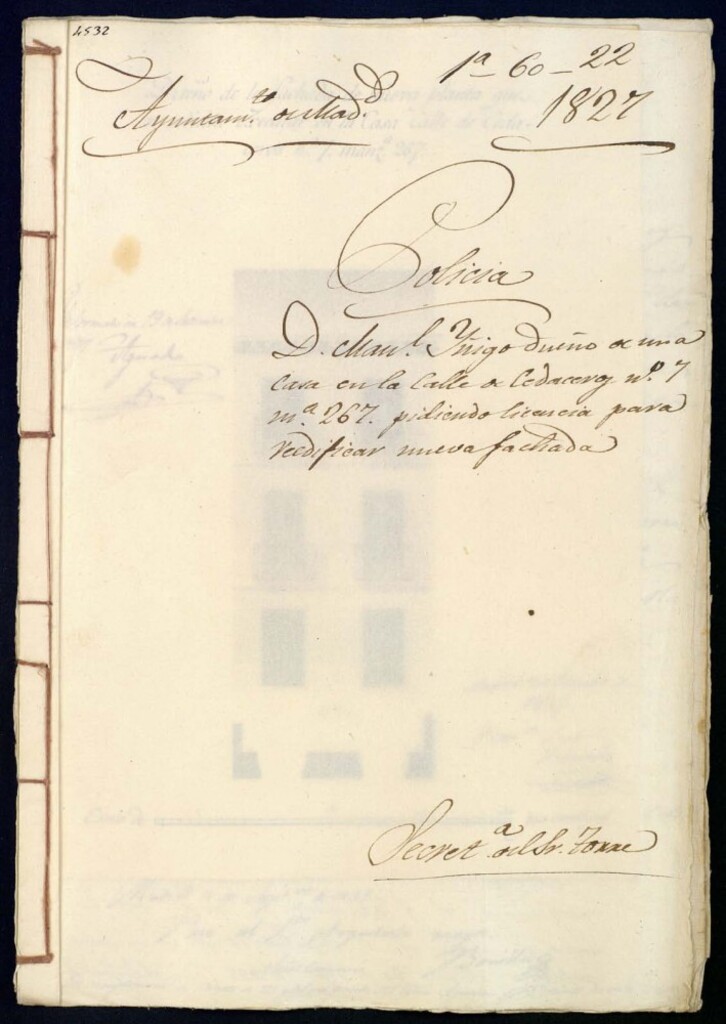 Miniatura de Don Manuel Iñigo dueño de una casa en la calle de Cedaceros número 7, manzana 267, pidiendo licencia para reedificar nueva fachada.