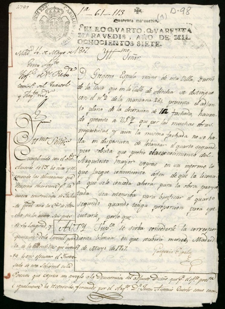 Miniatura de Licencia a Don Gregorio Espala para construir la fachada de la casa en la calle de Atocha nº 2 antiguo, manzana 264