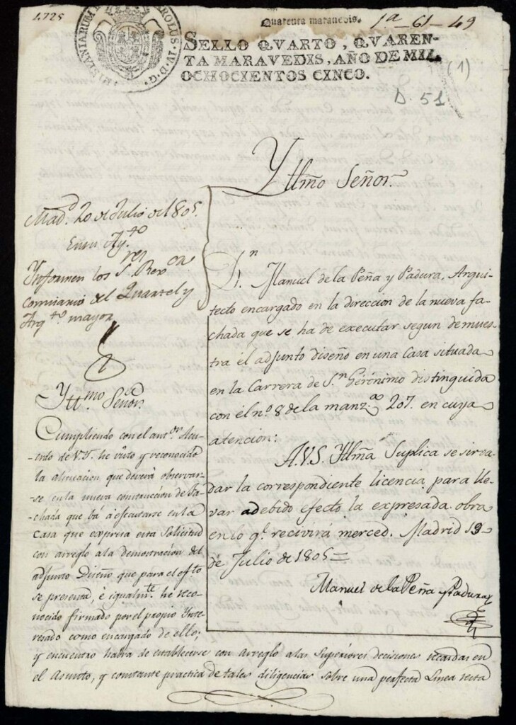 Miniatura de Licencia a Don Manuel de la Peña y Padura para construir la fachada de la casa en la Carrera de San Jerónimo nº 8 antiguo, manzana 207
