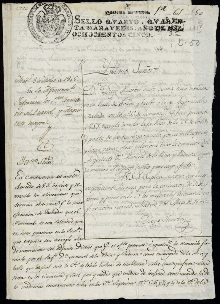 Miniatura de Licencia a Don Diego Huertas para construir la fachada de la casa en la calle de Toledo y Arganzuela nº 1 antiguo, manzana 49 [sic]