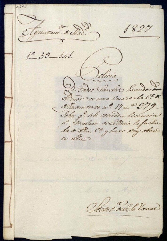 Miniatura de Don Tadeo Sánchez Escandon administrador de una casa en la calle de Jacometrezo, 17, manzana 379, sobre que se le conceda licencia para recalzar de silleria la fachada de dicha casa y hacer otras obras en ella.